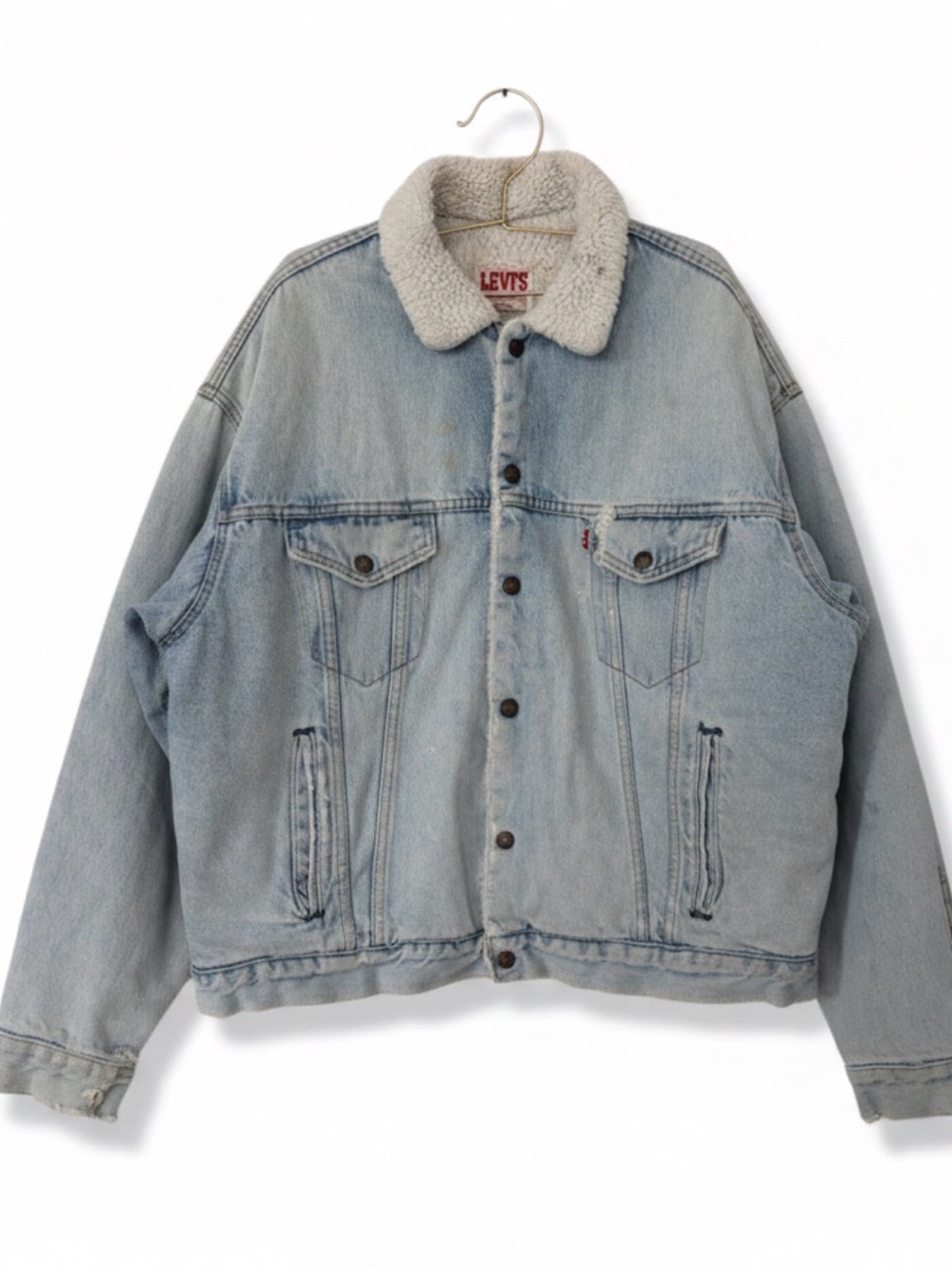 Vintage Levi’s Sherpa Trucker Jacket Made in USA XL Distressed Light Wash Denim - Picture 1 of 14